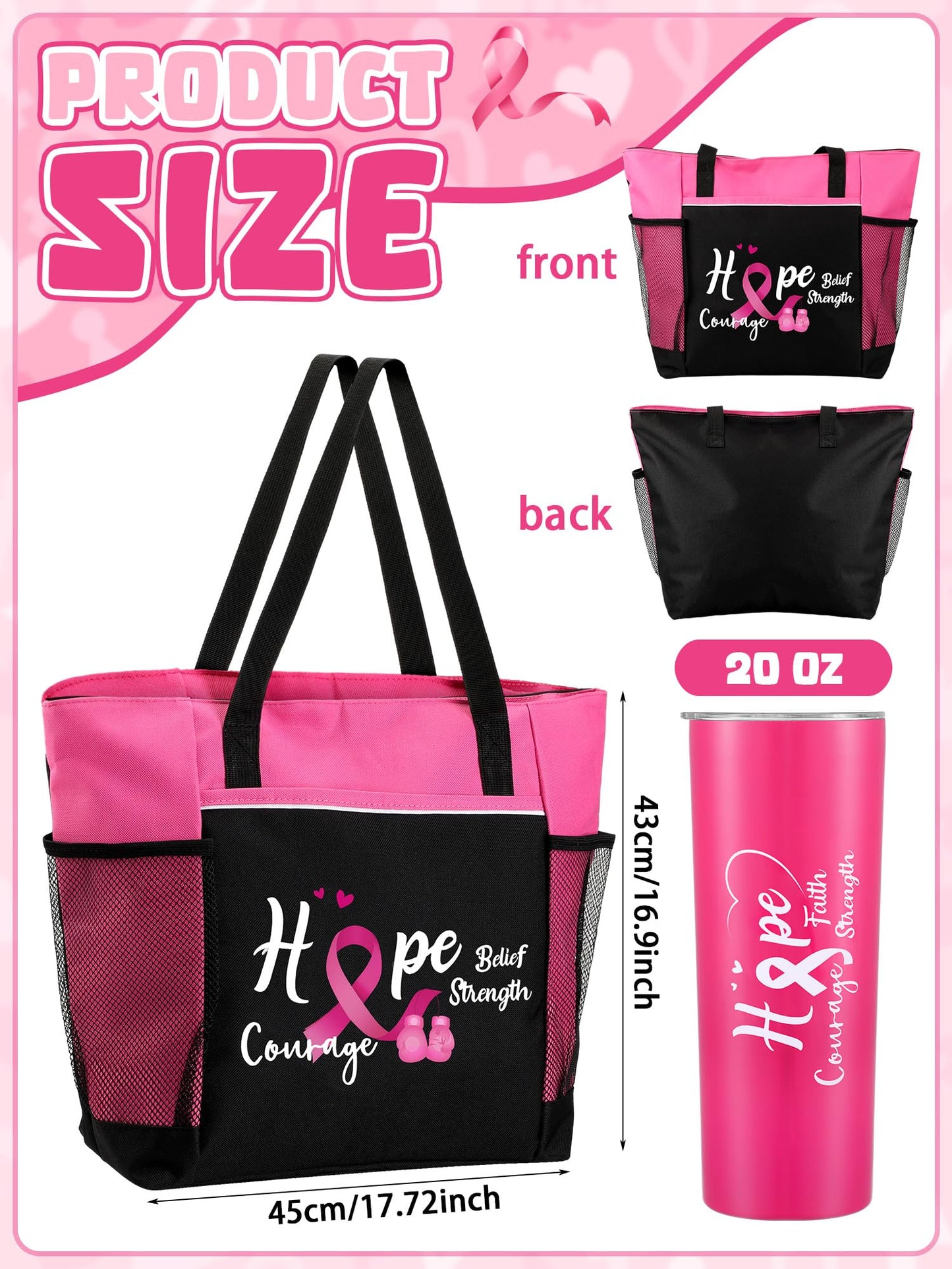 Paterr 2 Pack Breast Cancer Awareness Gifts Chemo Bags and Totes Chemo Care Package for Women Breast Cancer Accessories(Classic Pink,Breast Cancer)