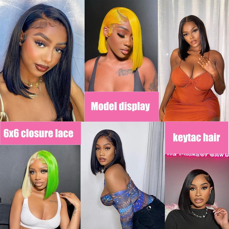 Keytac Bob Wig Human Hair Lace Front Glueless Wigs for Black Women Pre Plucked 150% Density 100% Brazilian Virgin Human Hair (6x6 Lace Closure Bob Wigs, 12 Inch)