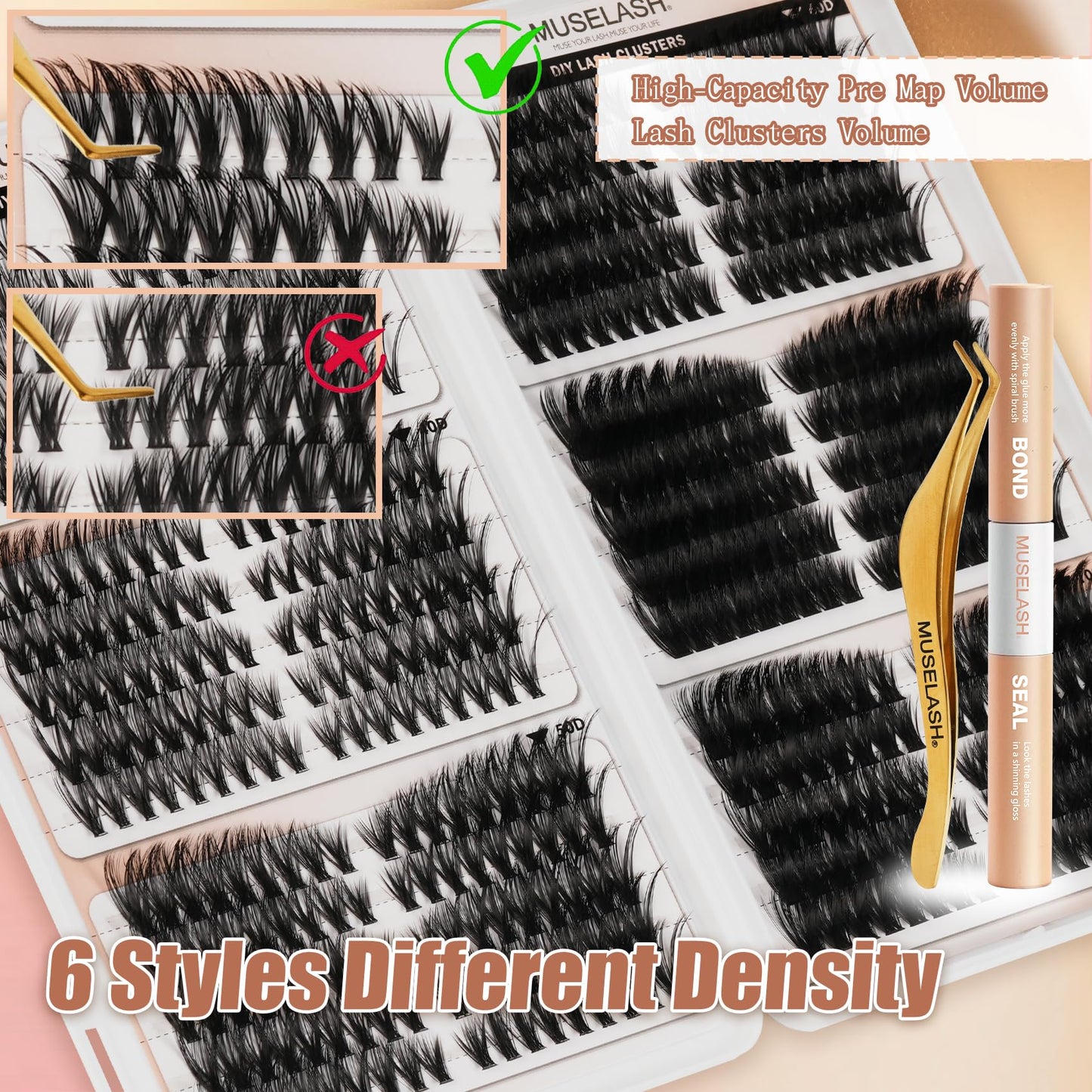 MUSELASH Lash Clusters Kit 530pcs Eyelash Clusters 30D-100D Pre Map Volume Cluster Eyelash Extensions Kit 8-16mm Mix Lengths Wispy Lashes Clusters Kit with Lash Bond and Seal Tweezers