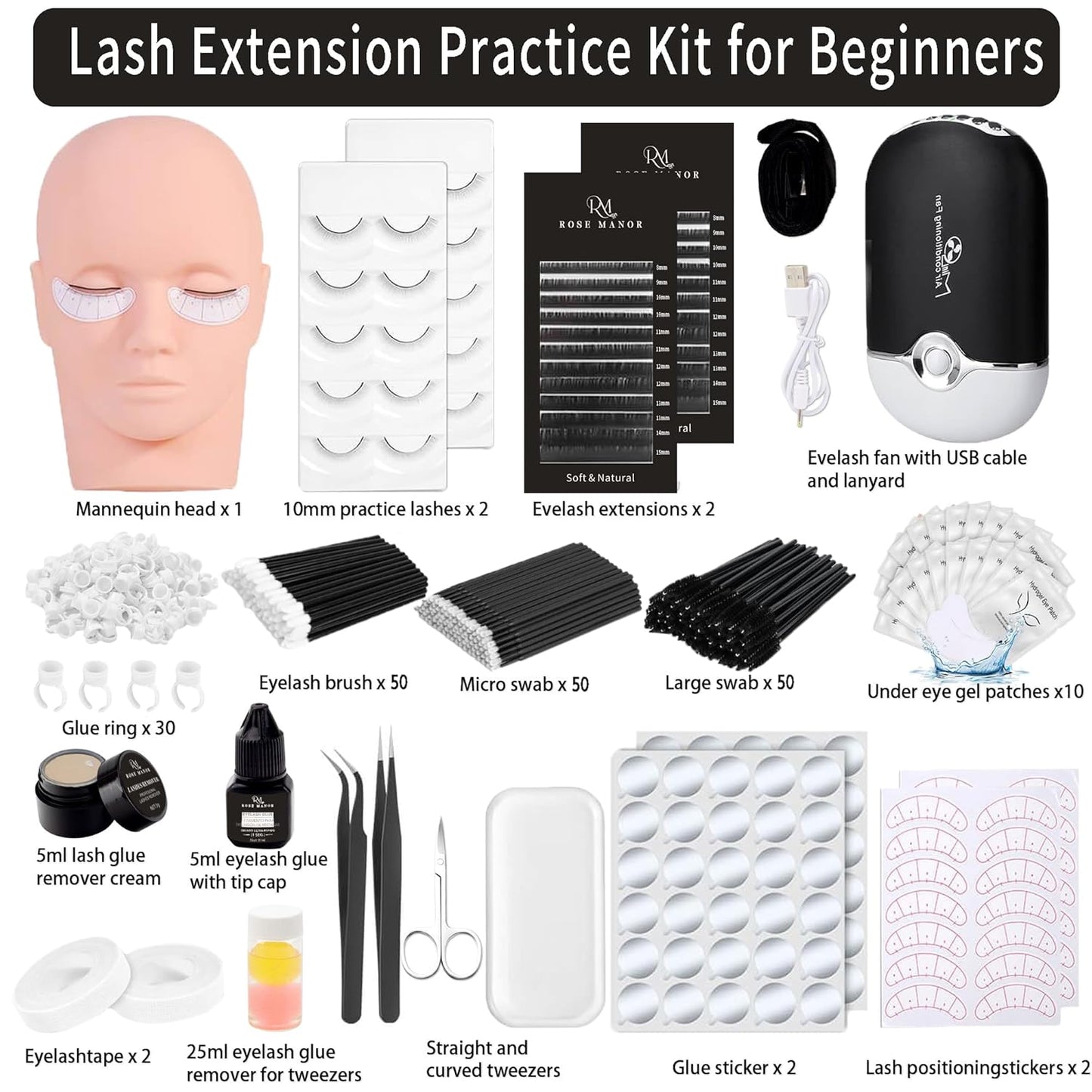 Eyelash Extension Kit for Beginners - Complete Lash Training Supplies with Mannequin Head & Glue | Perfect for Practice