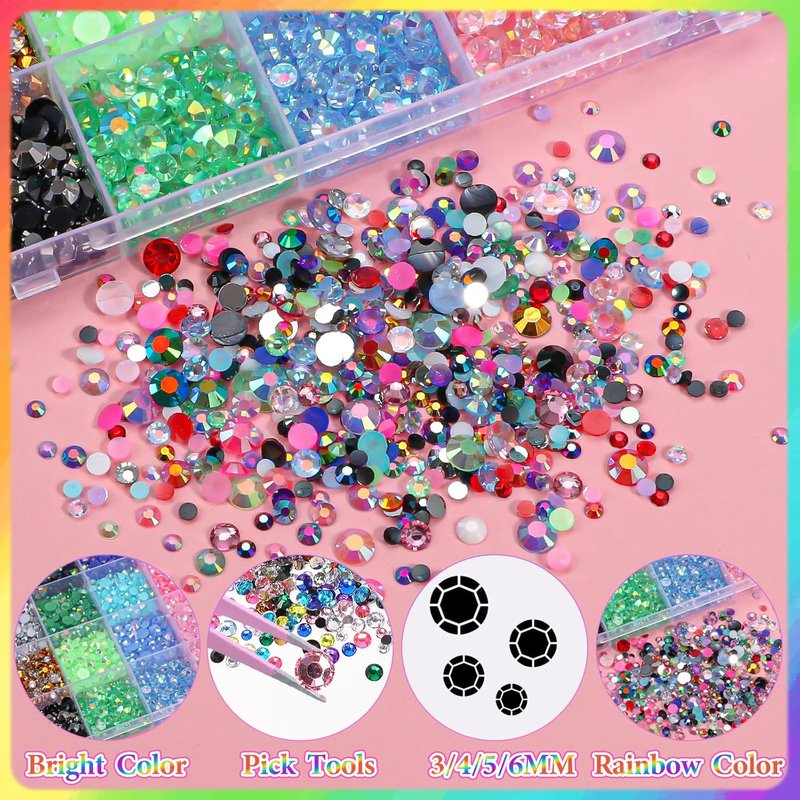 Color Rhinestones for Bedazzling - 22300 Pcs 3-6 mm Resin Gems for Crafting, Nails, Face Makeup & Tumblers | White, Pink, Purple, Black, Gold, Tan, Red, Silver