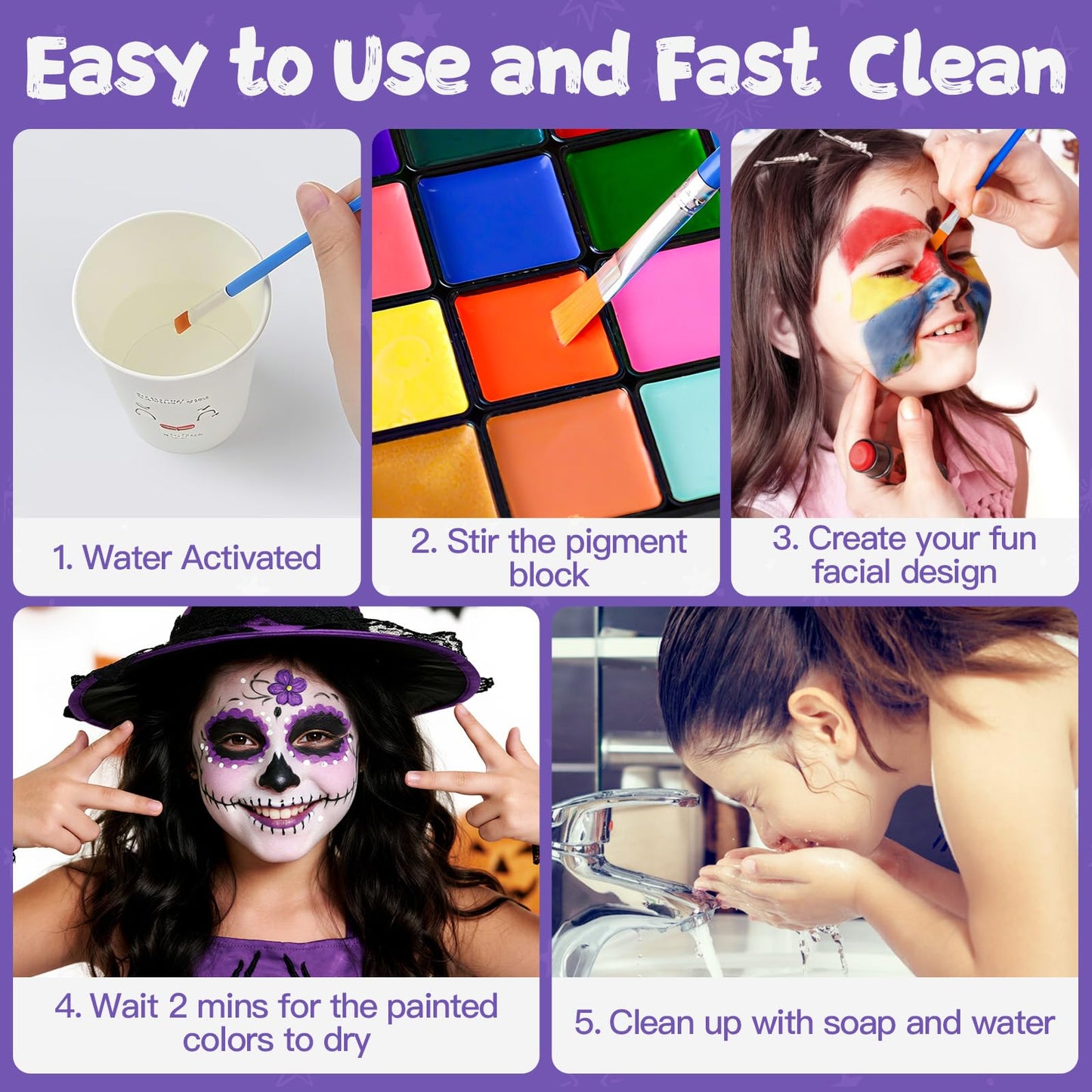 Face Painting Kit for Kids, 36 Colors Water Activated Face Paint with Brushes & Stencils, Non-Toxic Halloween Makeup Kit, Professional Face Body Paint for Halloween, Parties, Carnival, School Events