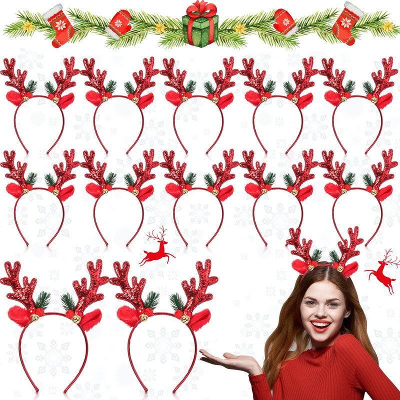 Crowye 12 Pcs Christmas Reindeer Headbands Bulk Christmas Reindeer Antler Headbands Xmas Glitter Elk Deer Hairband for Women(Red)