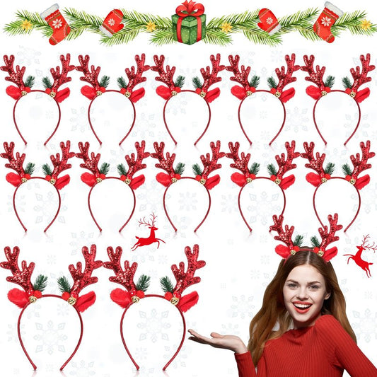 Crowye 12 Pcs Christmas Reindeer Headbands Bulk Christmas Reindeer Antler Headbands Xmas Glitter Elk Deer Hairband for Women(Red)