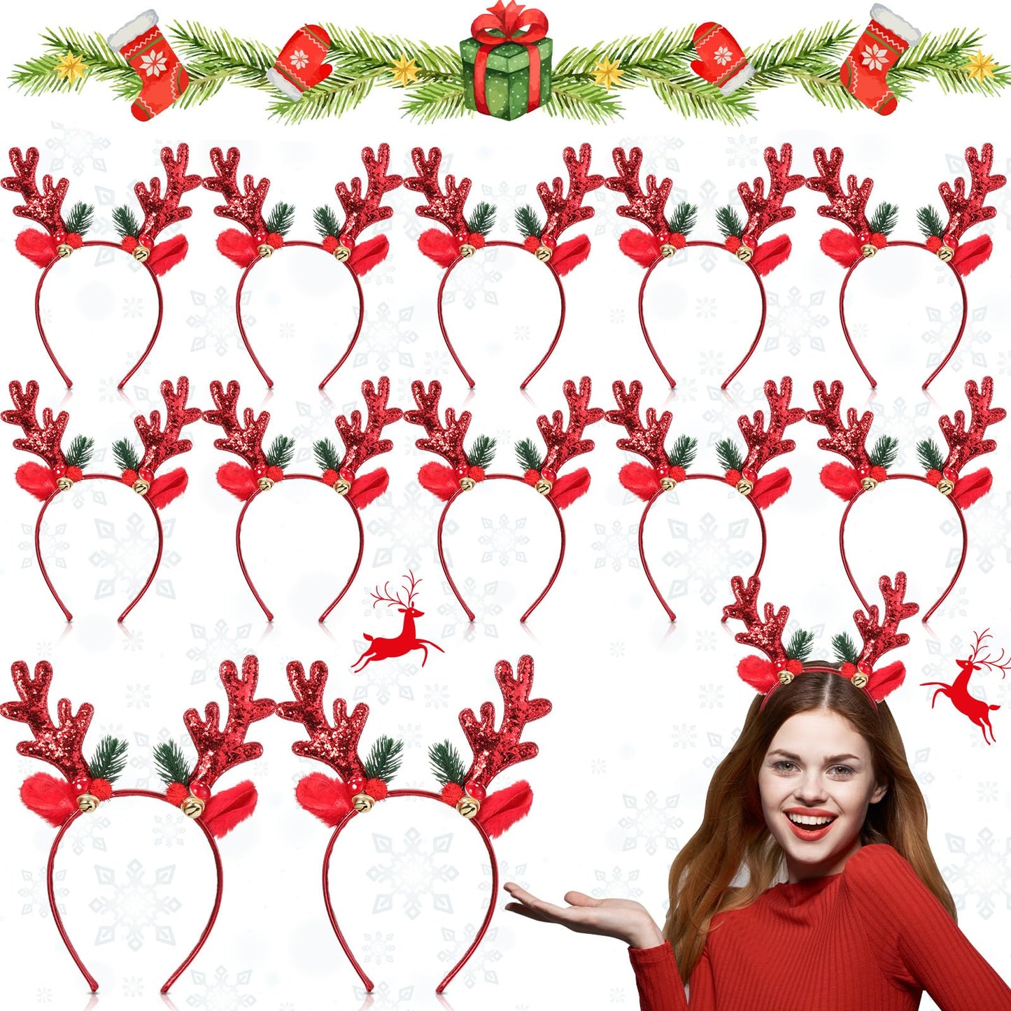 Crowye 12 Pcs Christmas Reindeer Headbands Bulk Christmas Reindeer Antler Headbands Xmas Glitter Elk Deer Hairband for Women(Red)
