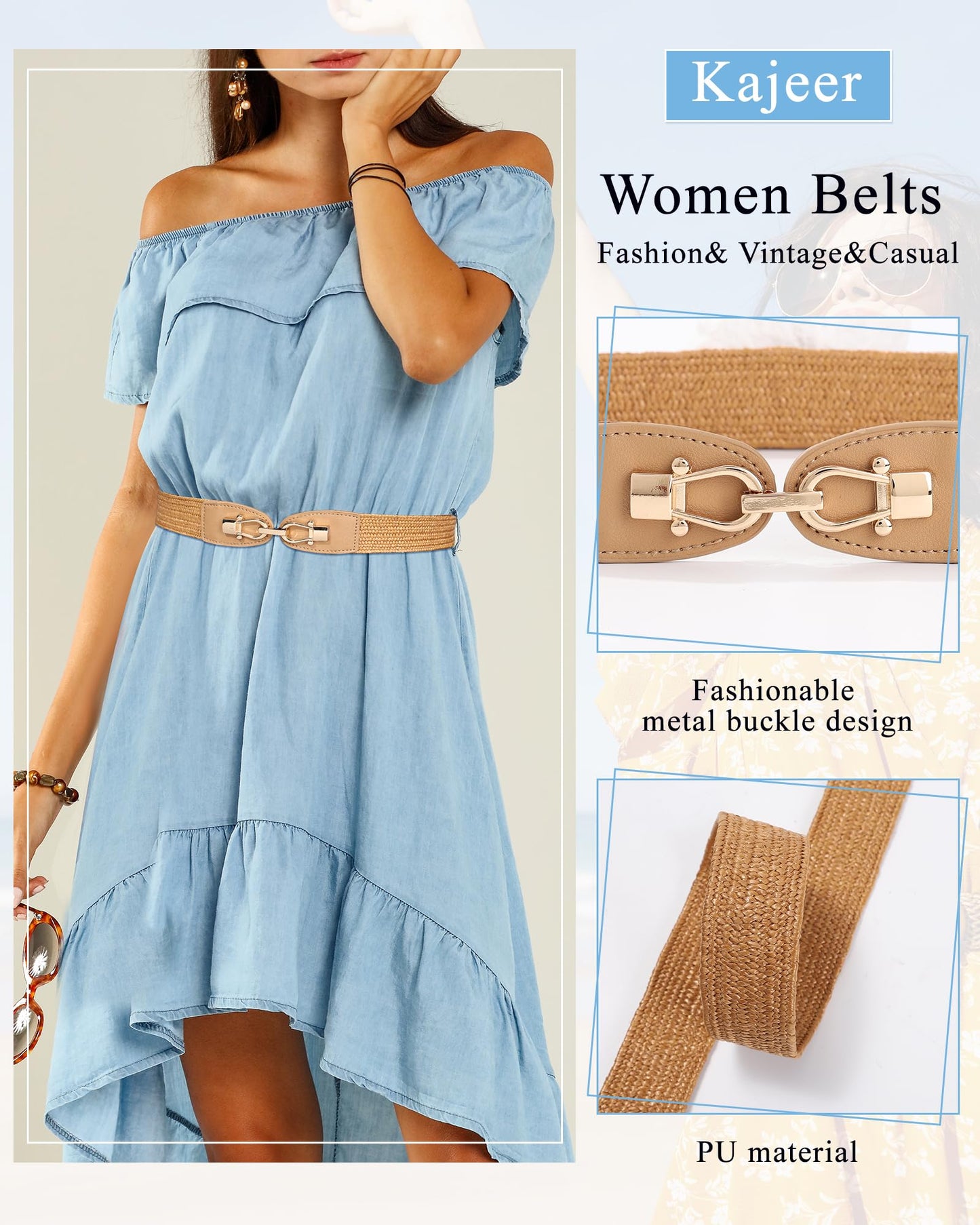 Women Belt Elastic Waist Straw Breathable Boho Braided Belt for Casual