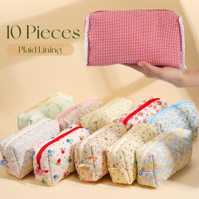 Paterr 10 Pcs Quilted Makeup Bag Bulk Cotton Floral Cosmetic Bag Women Girls Bridesmaid Gifts Cute Makeup Pouch Coquette Aesthetic Travel Toiletry Organizer(Classic Style,7.87 x 4.72 x 3.15 Inches)