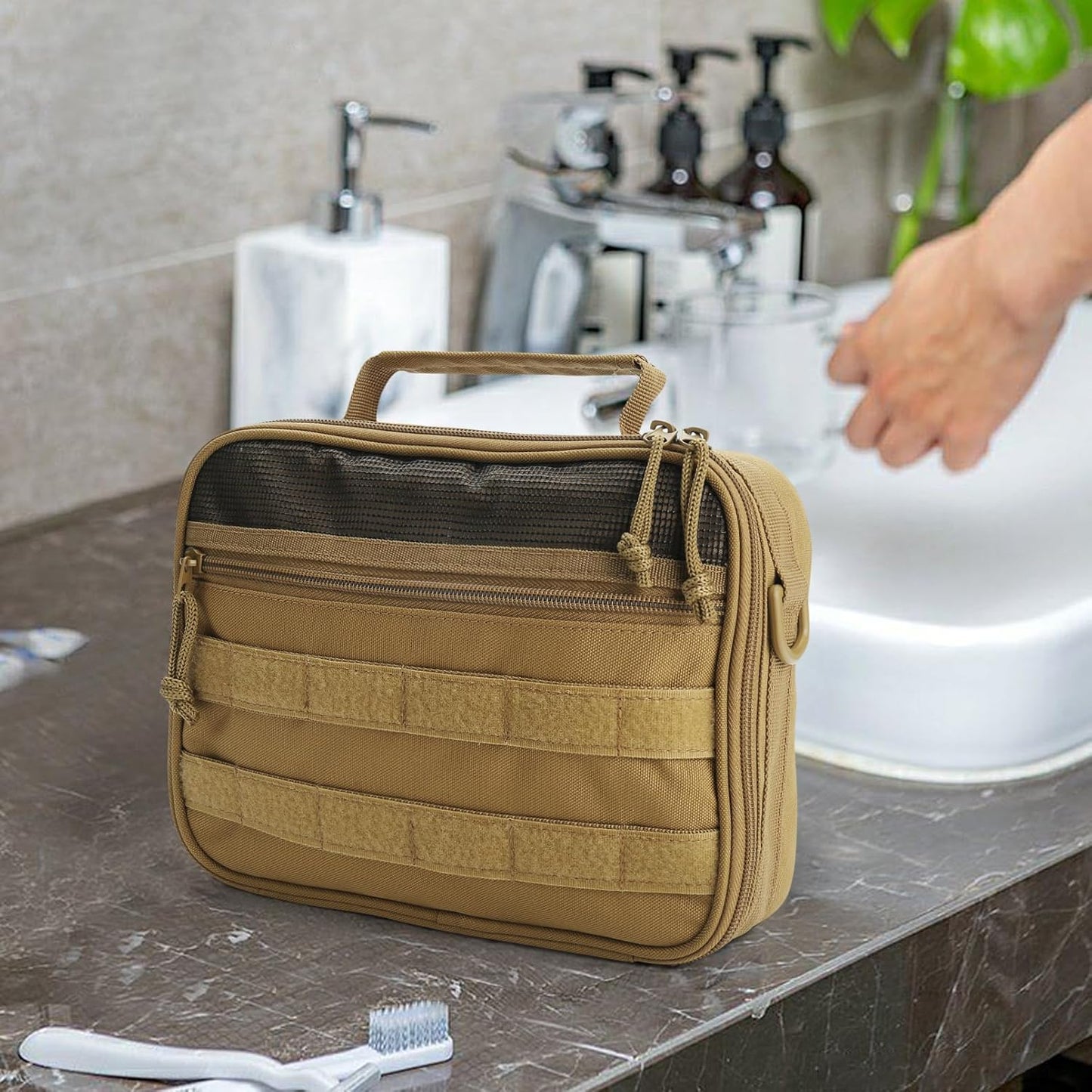 Tactical Travel Toiletry Bag - Hanging Organizer for Men & Women | Dopp Kit for Camping & Short Trips - Khaki