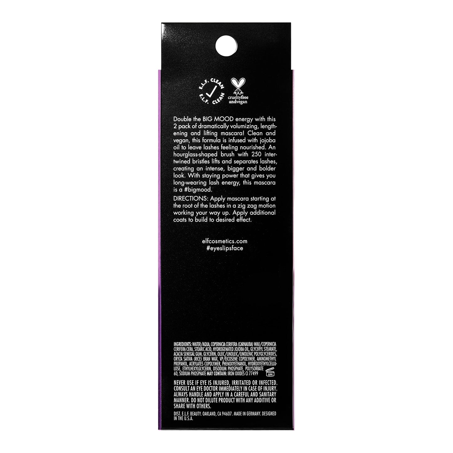 e.l.f. Big Mood Mascara, Instantly Creates Long-Lasting, Bold & Lifted, Voluminous Lashes, Infused with Jojoba Wax, Black, 0.30 fl Oz (2-Pack)