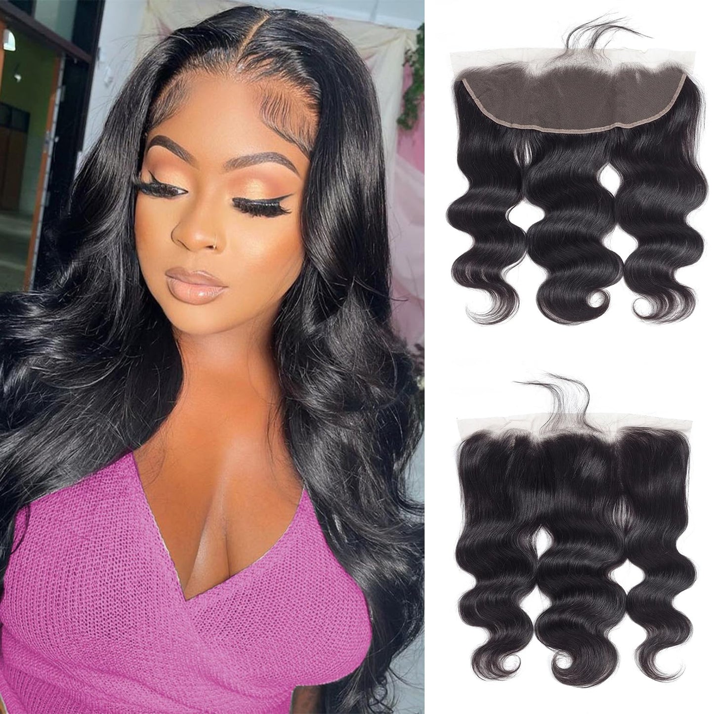 FEHOKA 13x4 Human Hair Lace Frontal 16 Inch Body Wave, Can be Curly and Dyed, Middle Part, With Baby Hair (16 Inch, 13x4 Black)