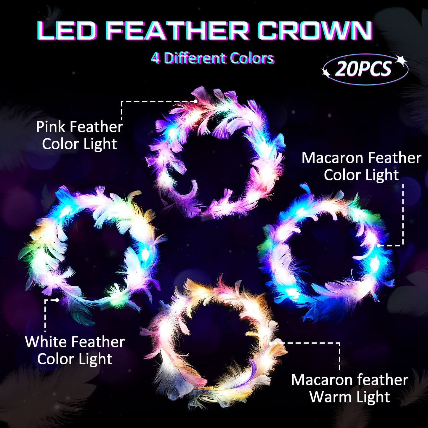 Taiyin 20 Pieces LED Feather Crown Headbands Light up Wreath Headband Flower Crowns for Women Glow in The Dark Headband for Wedding Reception Mardi Gras Cosplay Party Favors (Colorful)