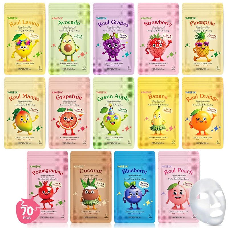 Collagen Hydrating Face Masks - 70 Pack Cute Fruit Sheet Masks | Spa Party Supplies for All Skin Types