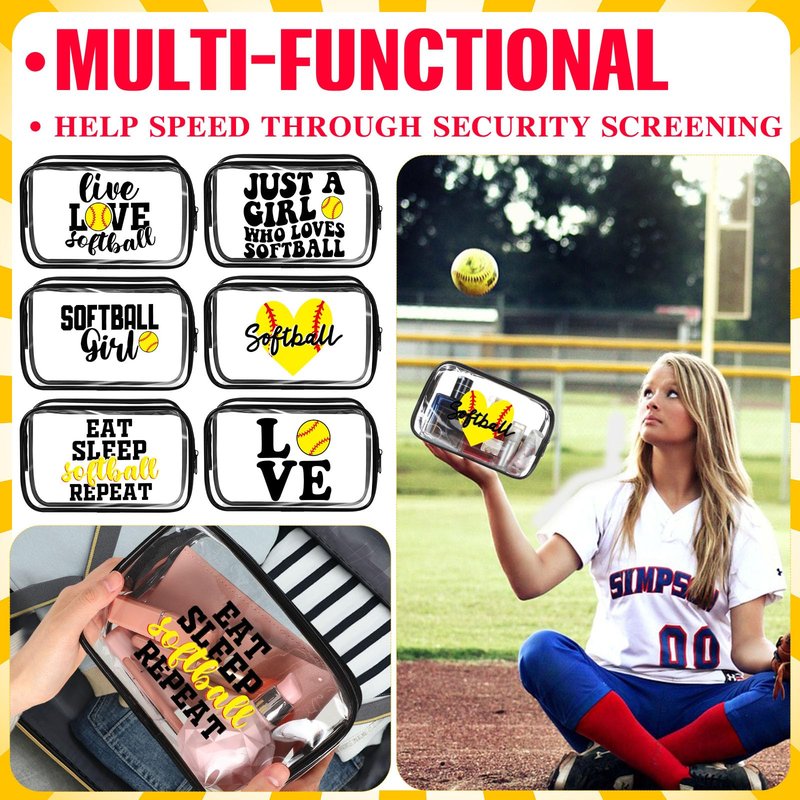 Reginary 12 Pcs 7 x 4.7 x 2.4'' Softball Makeup Bag Softball Gifts for Team Clear PVC Softball Cosmetic Case Softball Goodie Bag Stuffers Accessories for Woman Toiletry Zipper Pouch Team Party Favors