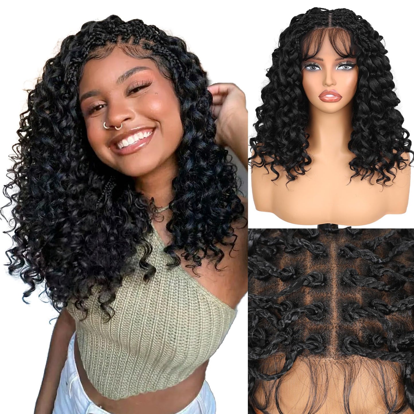 Lady Miranda Double Full Lace Braided Wigs for Black Women 12 Inch Box Briad Curly Wigs Lightweight Knotless GoGo Curl Wig Synthetic Braided Wigs with Natural Bouncy Curl (Natural Black,12 Inch)