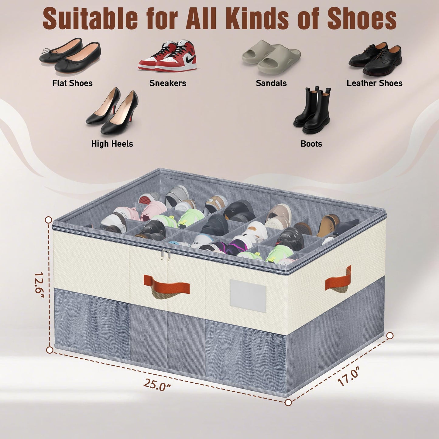 KETYWHA Shoe Organizer for Closet, XXL 1 Pack Foldable Shoe Storage Containers with Clear Cover, Shoe Box Organizers Bins with Adjustable Dividers 4Handles,Shoe Storage Fits 12-24 Pairs-Beige & Grey