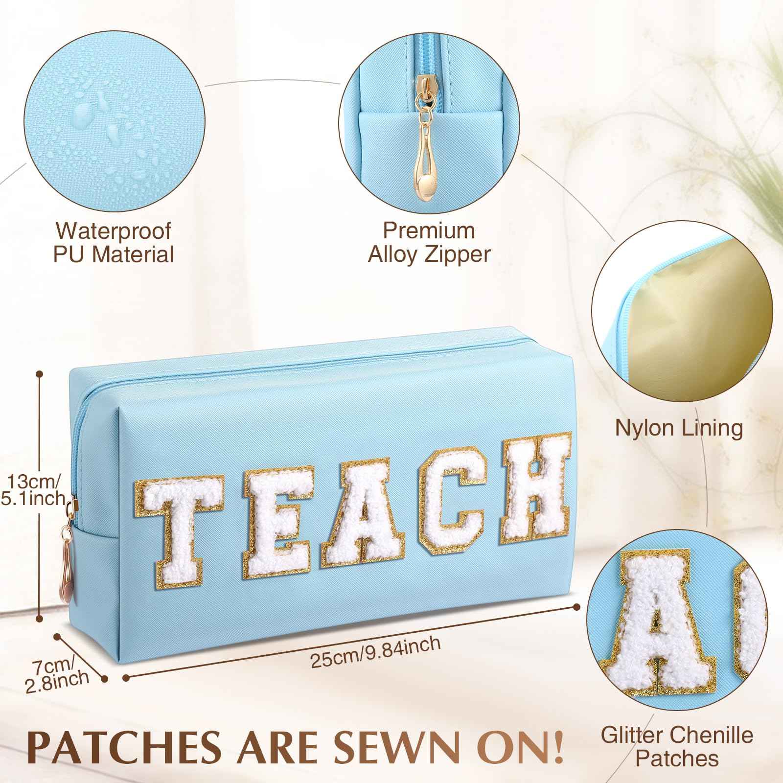 Chunful 9 Pieces Preppy Makeup Bag Bulk Chenille Letters Patch Cosmetic Bag PU Leather Waterproof Toiletry Travel Pencil Case Pouch for Women Traveling Purse (Colorful Color,Teach)