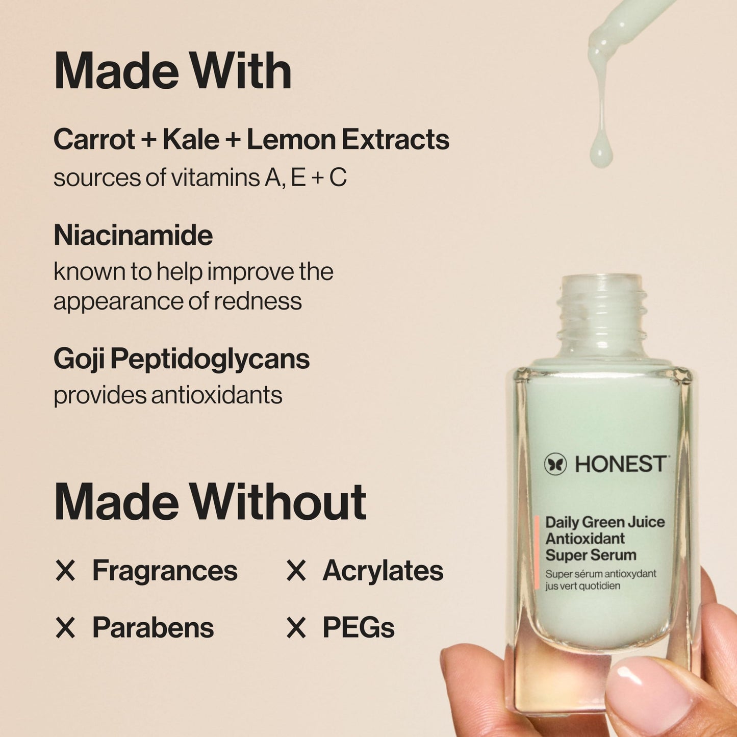 Honest Beauty Daily Green Juice Antioxidant Super Serum, Improves Skin Tone Texture, Gentle for Sensitive Skin, Fragrance-Free Vegan, 1 fl oz