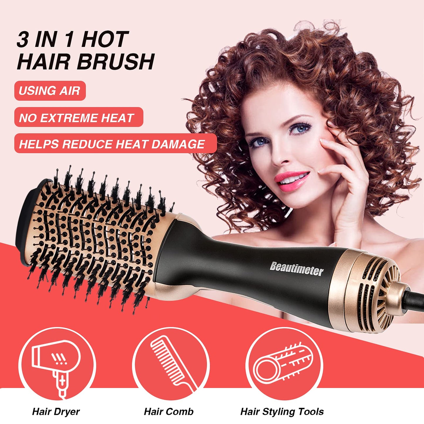 Beautimeter Blow Dryer Brush, Hot Air Brush One Step Hair Dryer and Styler Volumizer, 4 in 1 Negative Ionic Hair Styler with Oval Barrel for Smooth, Frizz-Free Hair Types, Red & Black