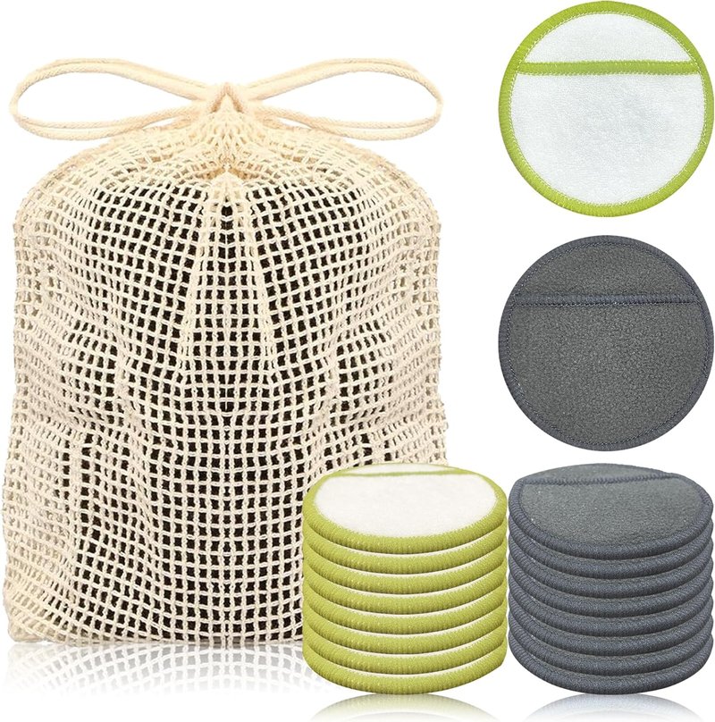Reusable Cotton Rounds - 16 Pack Bamboo Charcoal Makeup Remover Pads | Machine Washable Face Wipes with Storage Bag