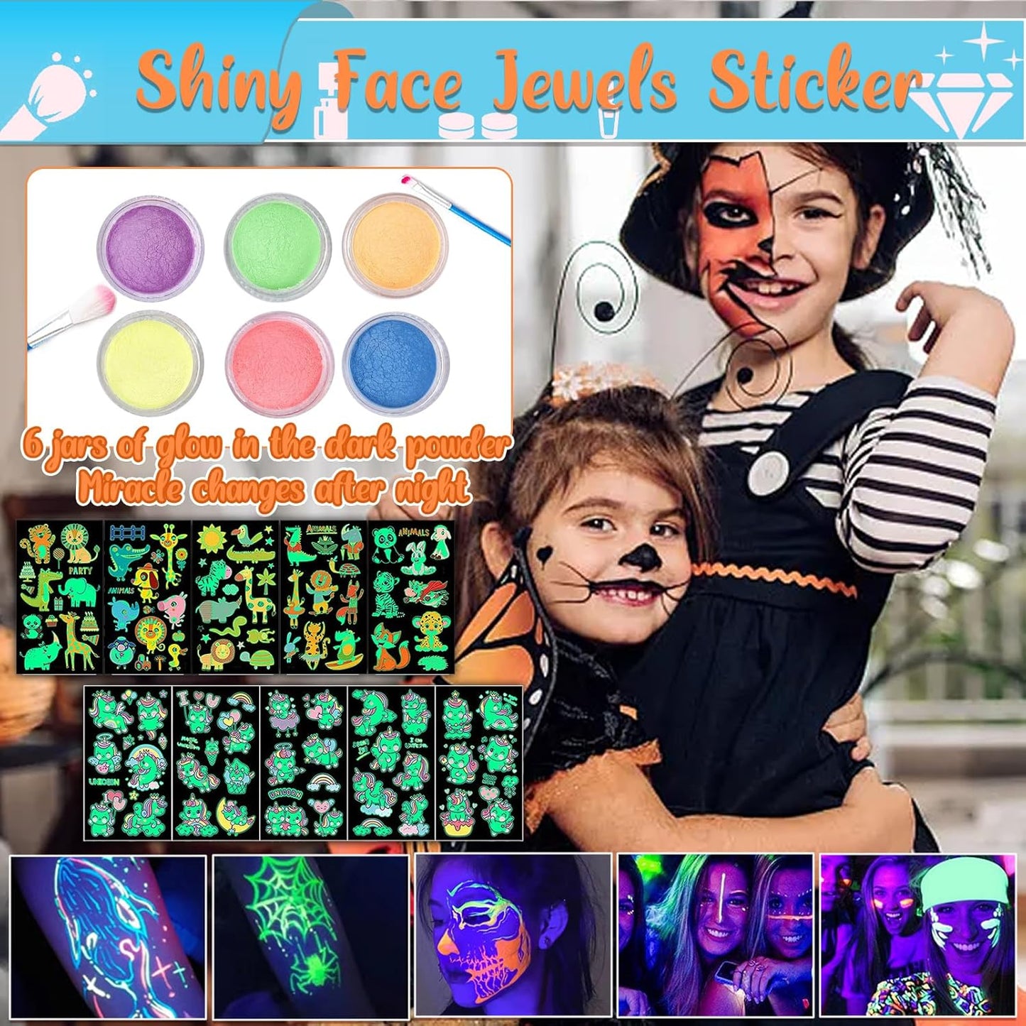 Kids Glitter Tattoo Kit - 50 Colors Glitter Powder, 132 Stencils & Glow-in-the-Dark Stickers | Fun Body & Face Makeup for Parties & Holidays