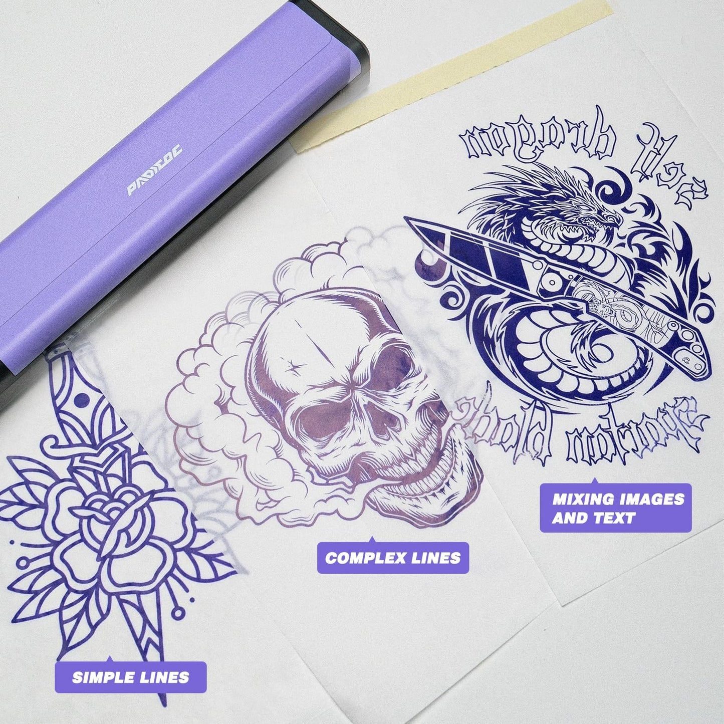 Padieoe Tattoo Stencil Printer with 10Pcs Transfer Paper - Bluetooth, Wireless, 2000mAh - Portable Thermal Printer Machine for Tattooist- 11.5x2.6x1.8in - Purple