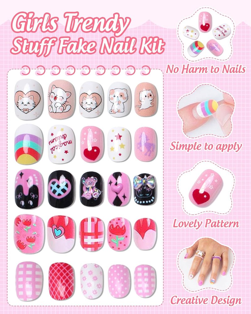 Press On Nails for Kids - 120PCS Glitter Nail Kit | Reusable Full Cover Designs for Ages 8-12