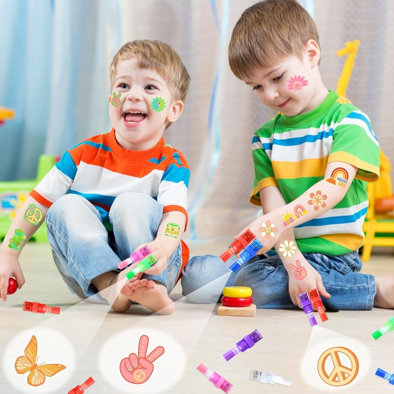 Groovy Party Favors Set - 72 PCS Tattoos & LED Finger Lights | Glow In The Dark Birthday Goodie Bag Fillers for Kids