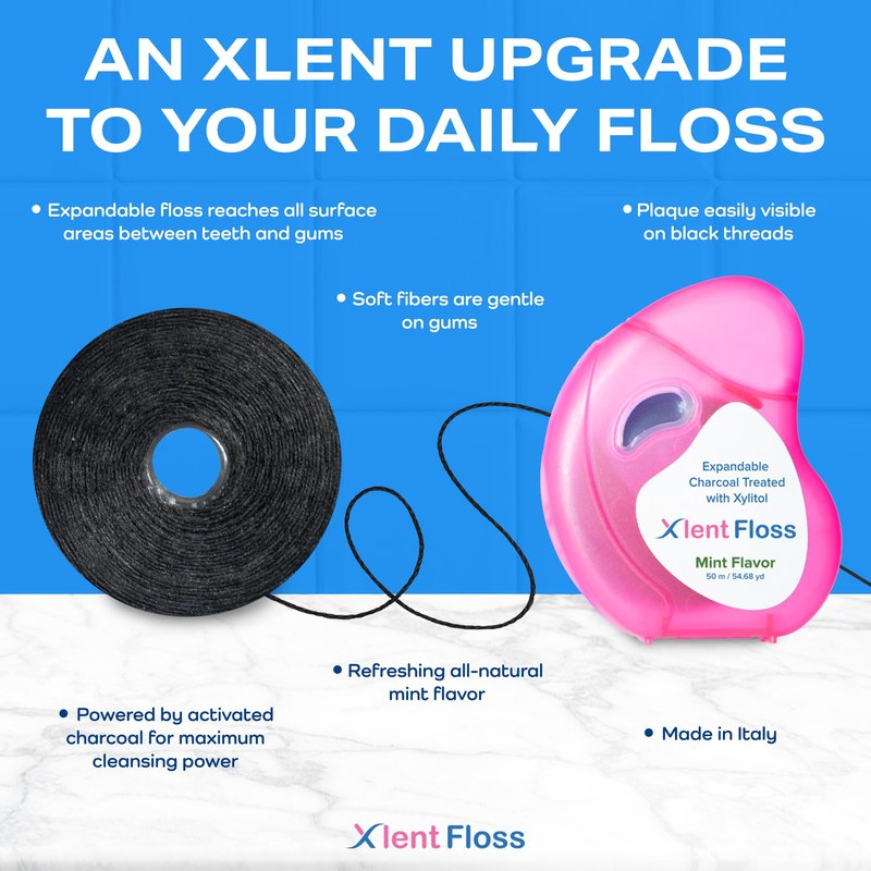 Expandable Floss Treated with Activated Charcoal with Xylitol and Natural Plant Based Wax |Fresh Mint Flavor | 50 Meter (4 Count)