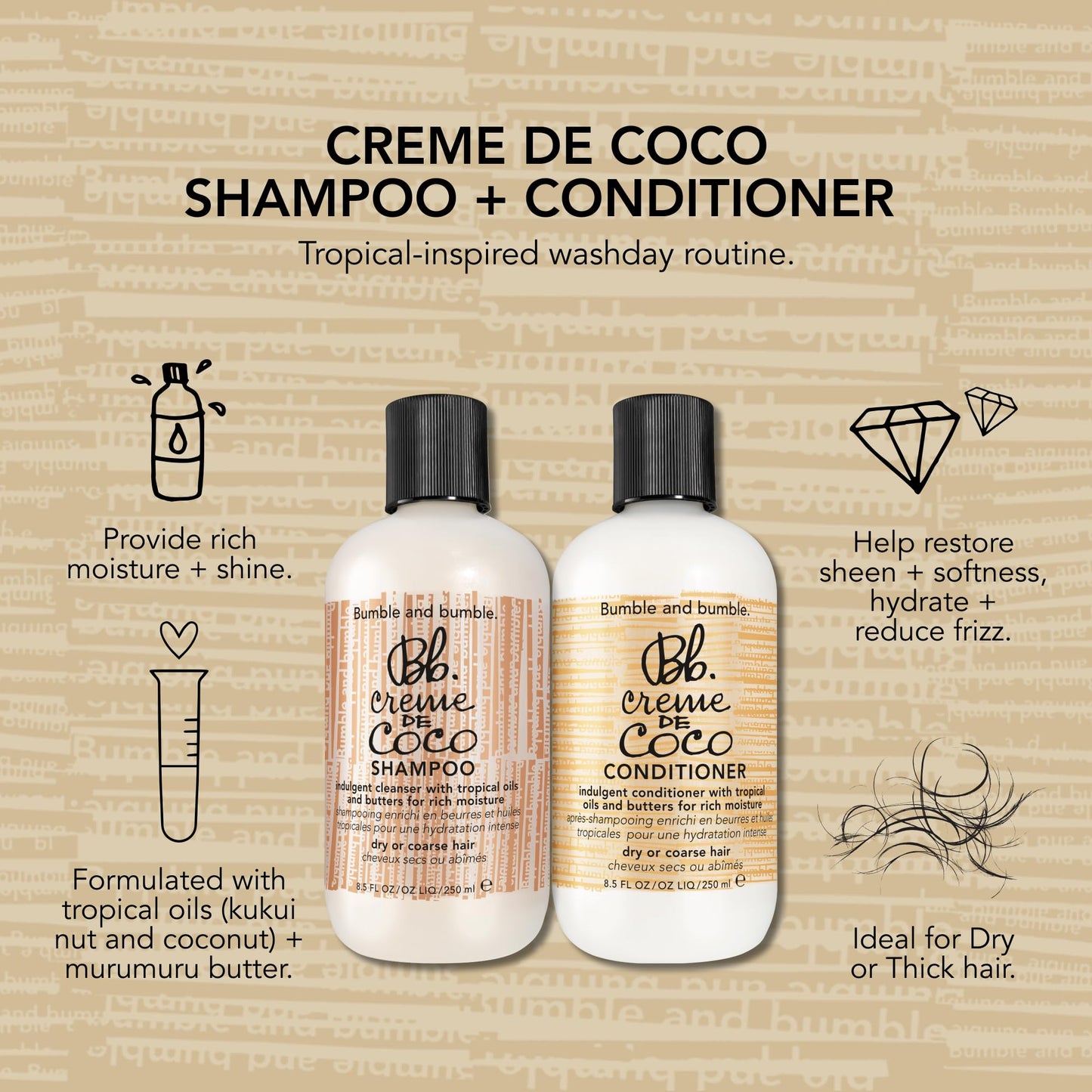 Bumble and bumble. Creme De Coco Conditioner | Provides Rich Moisture and Shine | Reduces Frizz | With Coconut Kukui Nut Murumuru Butter | For Dry Medium to Thick Curly, Wavy, Straight Hair, 8.5 Fl Oz
