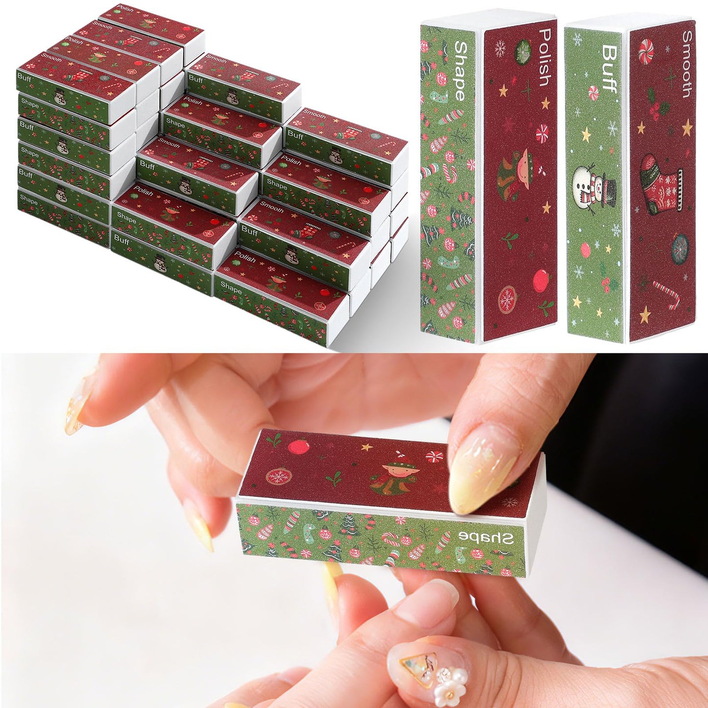 FoldTier 50 Pcs Christmas Nail Buffer Blocks Gifts Bulk Xmas Tree Snowman 4 Way Nail Buffer Files for Natural Acrylic Nails Xmas Party Stocking Stuffers Gifts for Women Customers Coworkers Staff