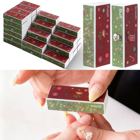 FoldTier 50 Pcs Christmas Nail Buffer Blocks Gifts Bulk Xmas Tree Snowman 4 Way Nail Buffer Files for Natural Acrylic Nails Xmas Party Stocking Stuffers Gifts for Women Customers Coworkers Staff
