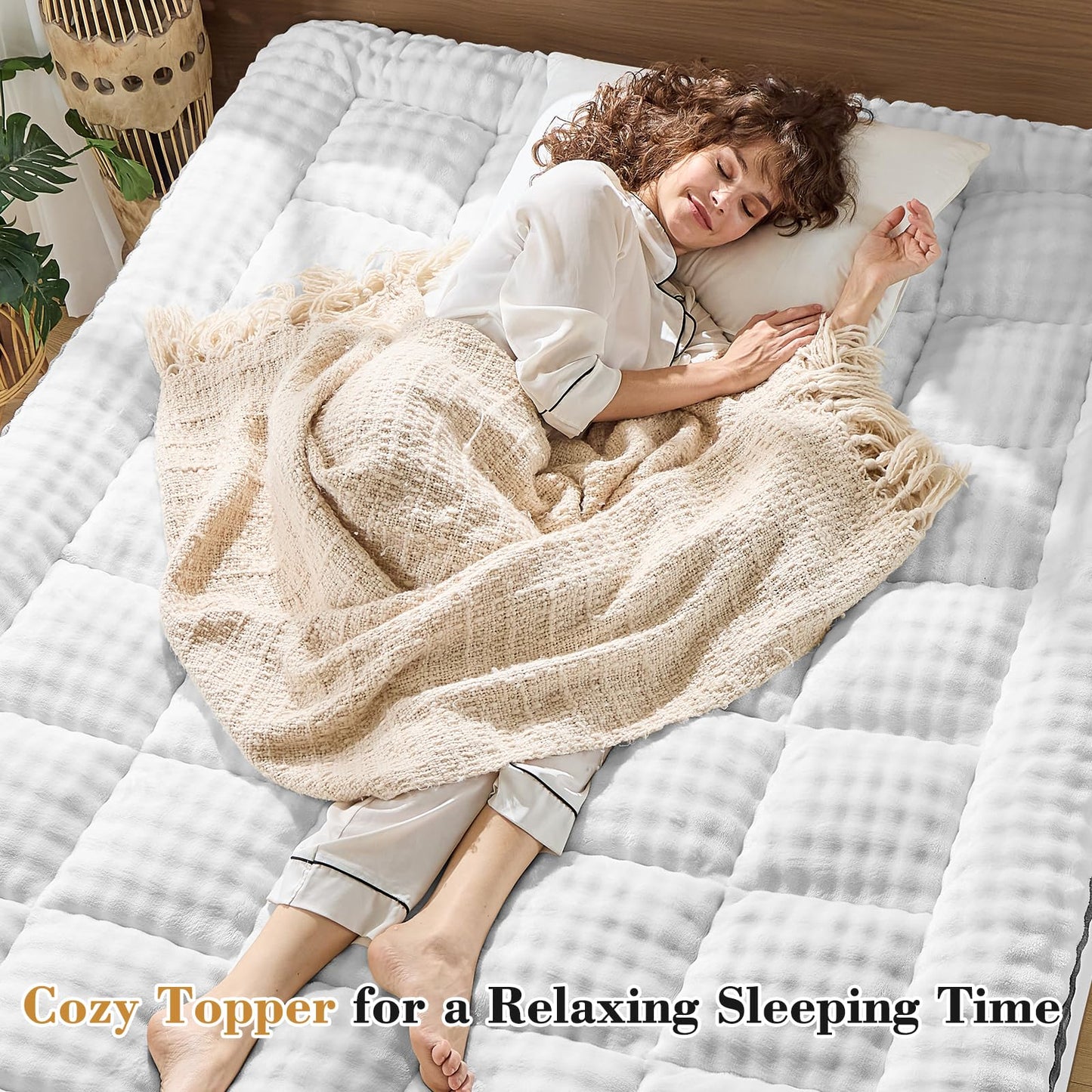 Cymula Queen Mattress Topper Fleece Bubble Pillow Top Mattress Pad Cover for Back Pain Faux Fur Extra Thick Mattress Protector Soft with Fluffy Down Alternative, 8-21" Deep Pocket, White