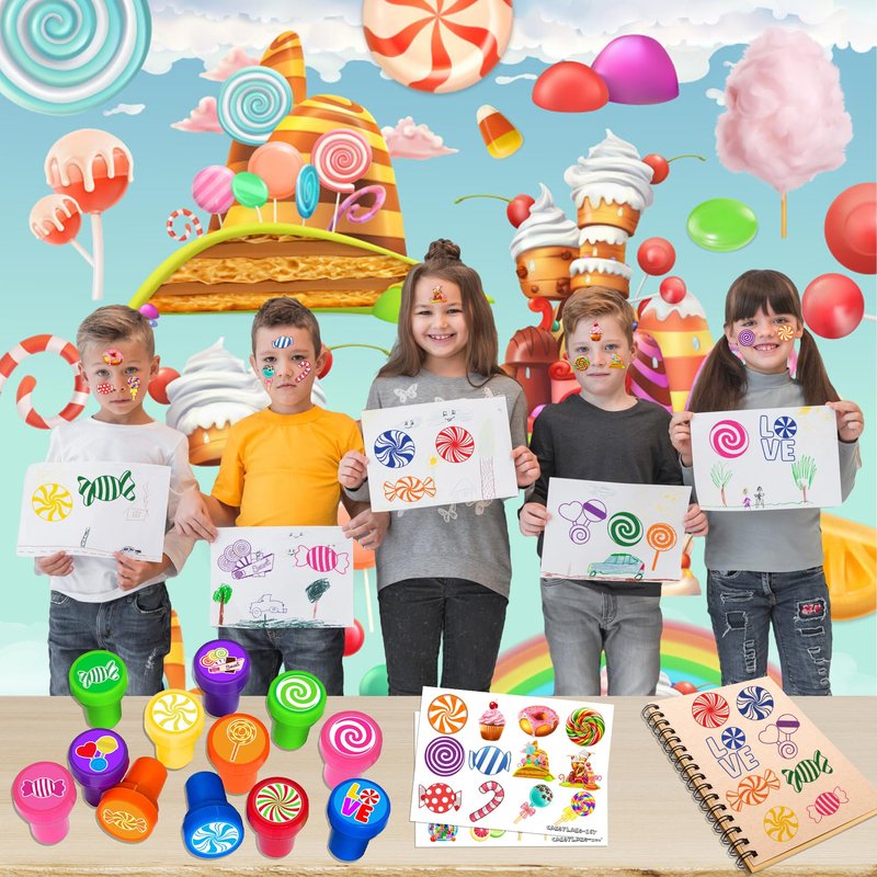 36PCS Candyland Party Favors - 24PCS Temporary Tattoos & 12PCS Stamps - Ideal Sweet Candy Themed Birthday Card Decorations Supplies Goodie Bag Cute Rewards for Boys Girls Classroom Gifts Baby Shower