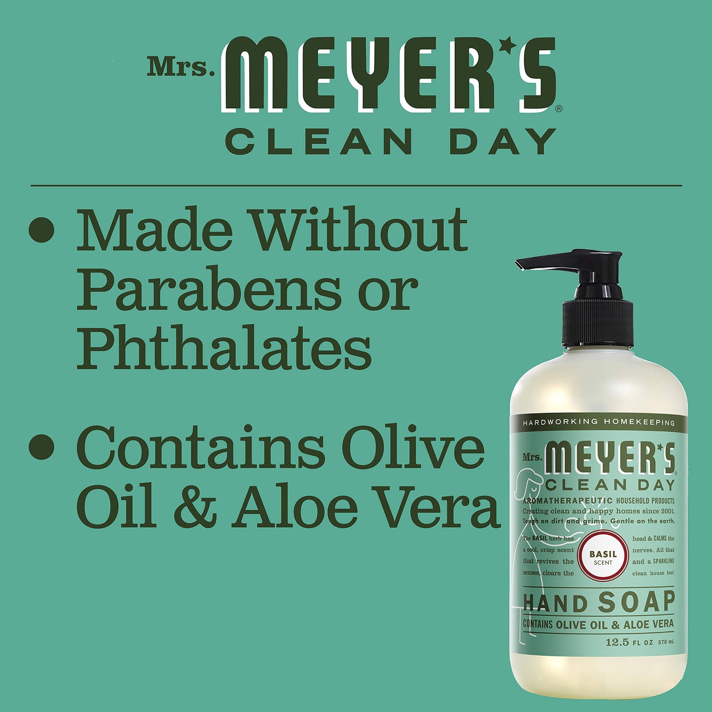 MRS. MEYER'S CLEAN DAY Hand Soap, Made with Essential Oils, Biodegradable Formula, Basil, 12.5 fl. oz - Pack of 3