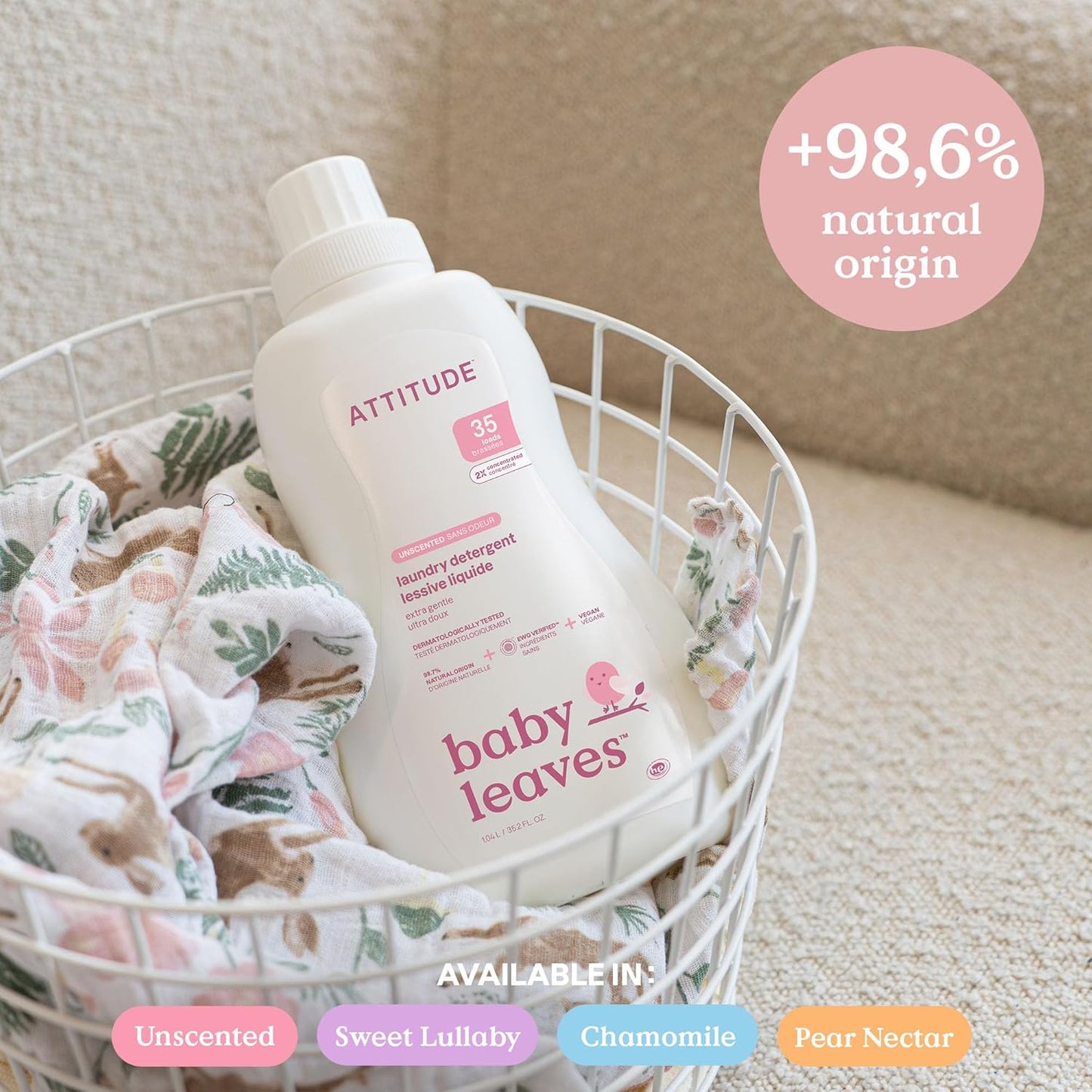 ATTITUDE Baby Laundry Detergent - EWG Verified, Plant-Based Formula | Unscented, 35 Loads, 35.5 Fl Oz