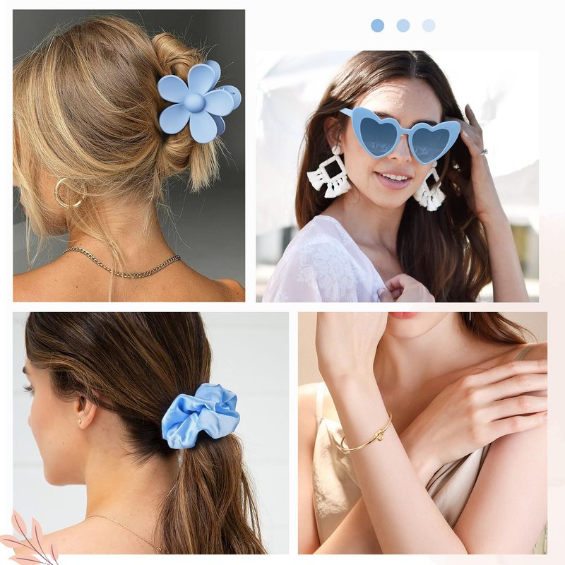 DEEKA 30 Pcs Bridesmaid Proposal Bag Set Gift Clear Makeup Toiletry Bag Bachelorette Party Favors Sunglasses Flower Claw Clips Scrunchies Knot Bracelets Bridal Wedding Party Gifts (Blue)