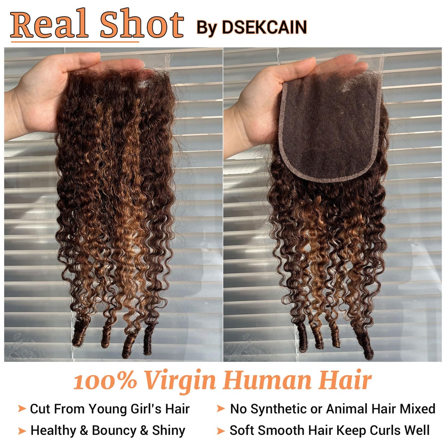 DSEKCAIN Highlight 5x5 Burmese Curly Closure P4/27 100% Real Human Hair Burmese Curly With Spiral Curl End 5x5 Transparent HD Lace Closure Brown Honey Blonde Piano Color 12 Inch