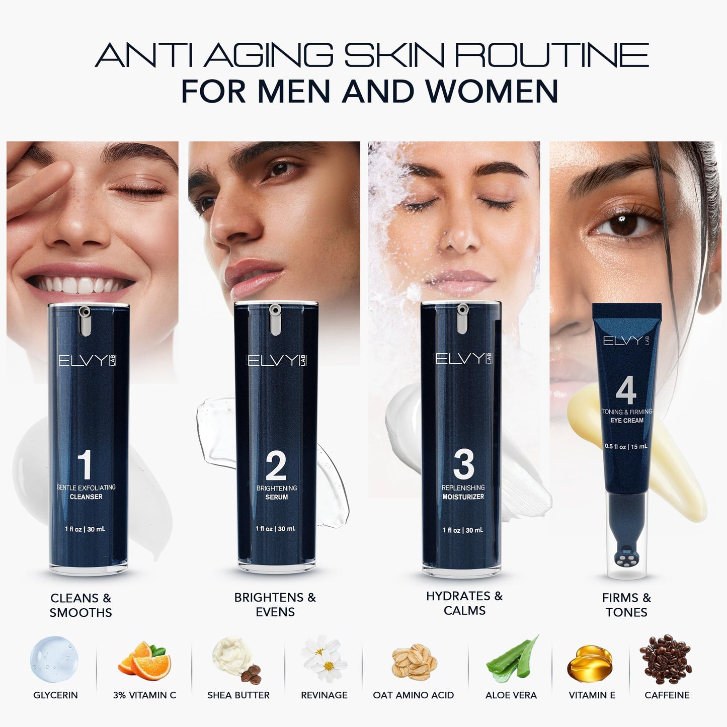 ELVY Lab 4 in 1 Skincare Set for Men and Women Complete Face Care Kit Cleanser Vitamin C Serum Moisturizer Eye Cream Anti Aging Routine Vegan Cruelty Free All Skin Types Hydrating Brightening Gift Set