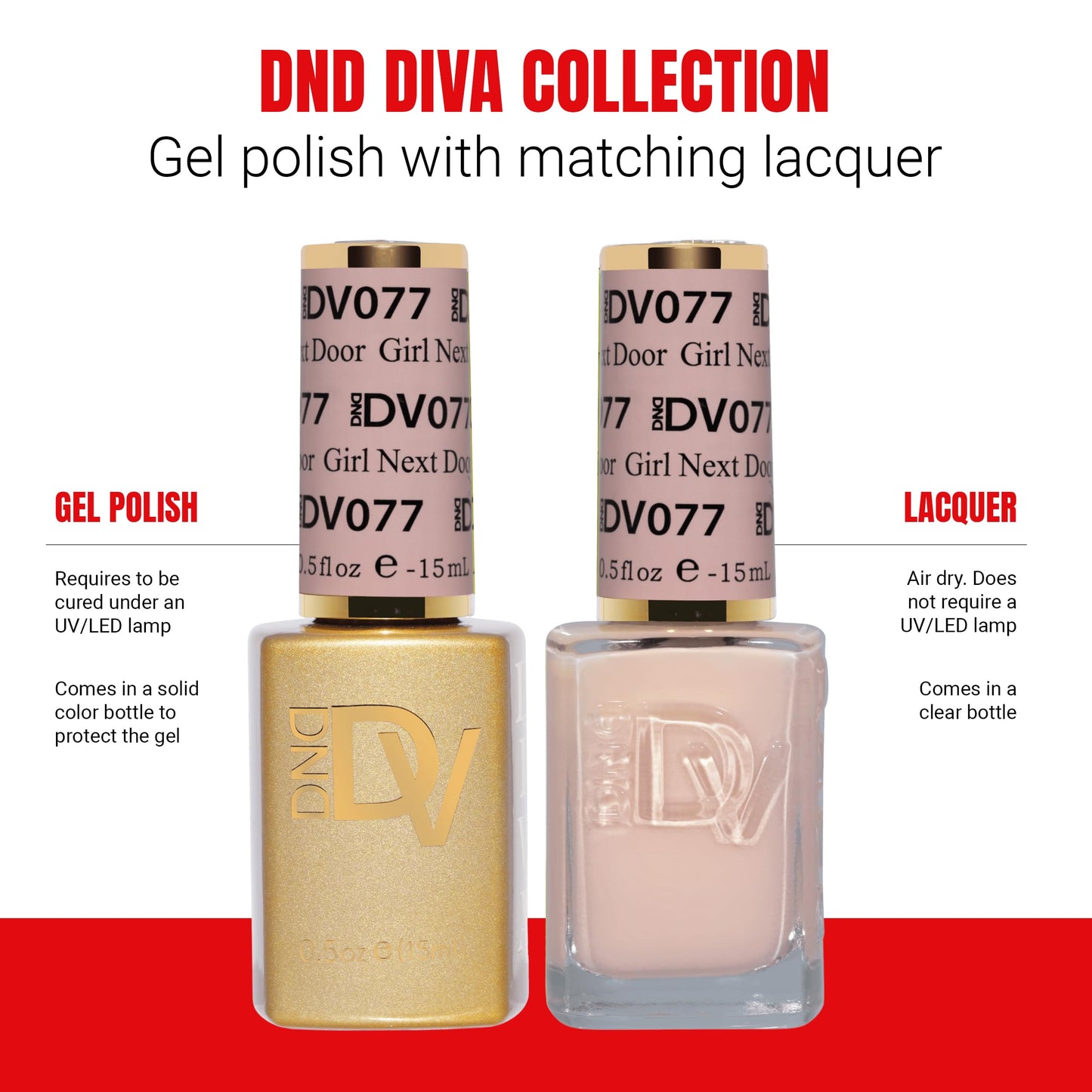DND Gel Polish Set, Coquette Collection, UV/LED Gel Polish and Air Dry Nail Lacquer, Matching Chip-Free Polish Duo, 077 Girl Next Door, 0.5 Fl Oz