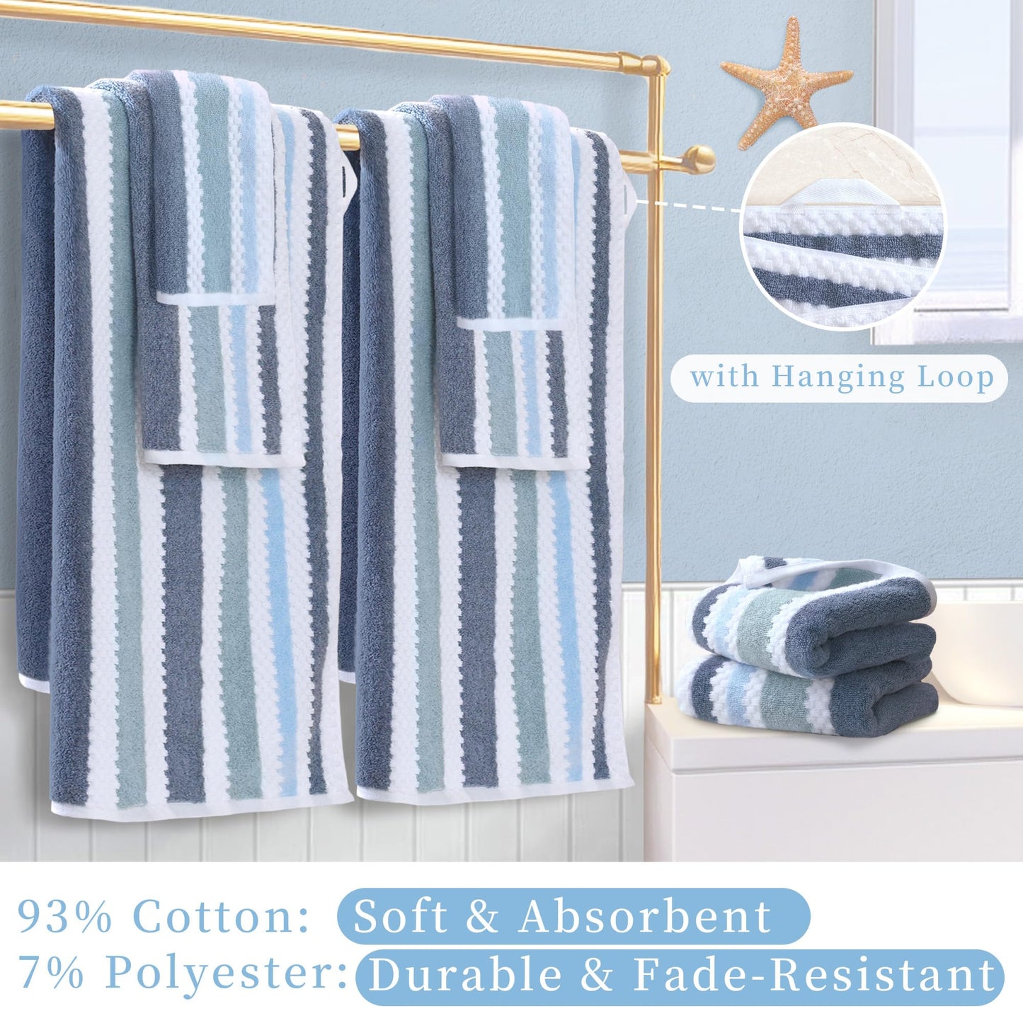 Waffle Washcloths for Bathroom, Wash Cloths 6 Pack 13"x13" - Cotton & Polyester | Quick Dry | Thick | Absorb, Decorative Soft Face Wash Cloths, Striped Face Towel Set, Blue-Gray and White Checkered