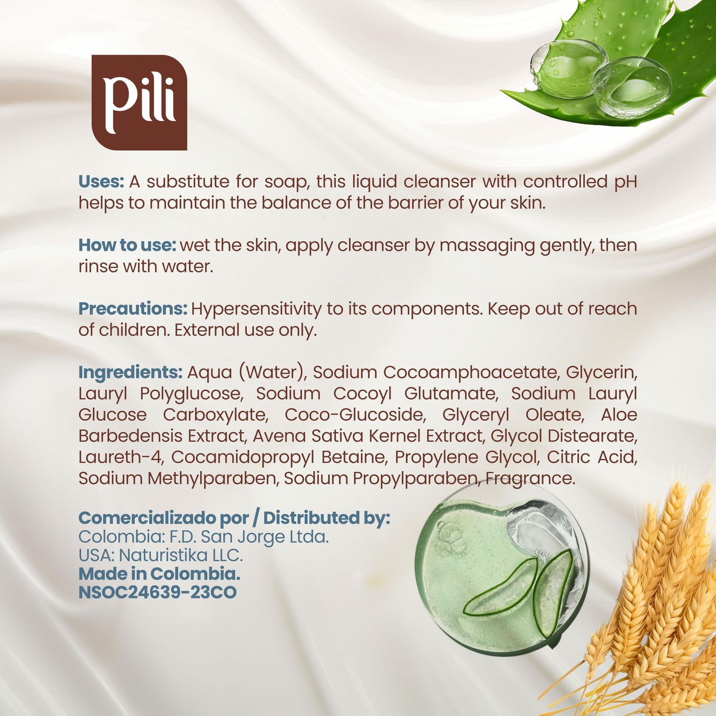 Pili Natural Syndet - Gentle Skin Cleanser with Oatmeal and Aloe Vera - Hypoallergenic cleanser for sensitive skin - 8.4 Fl.oz (Pack of 2)