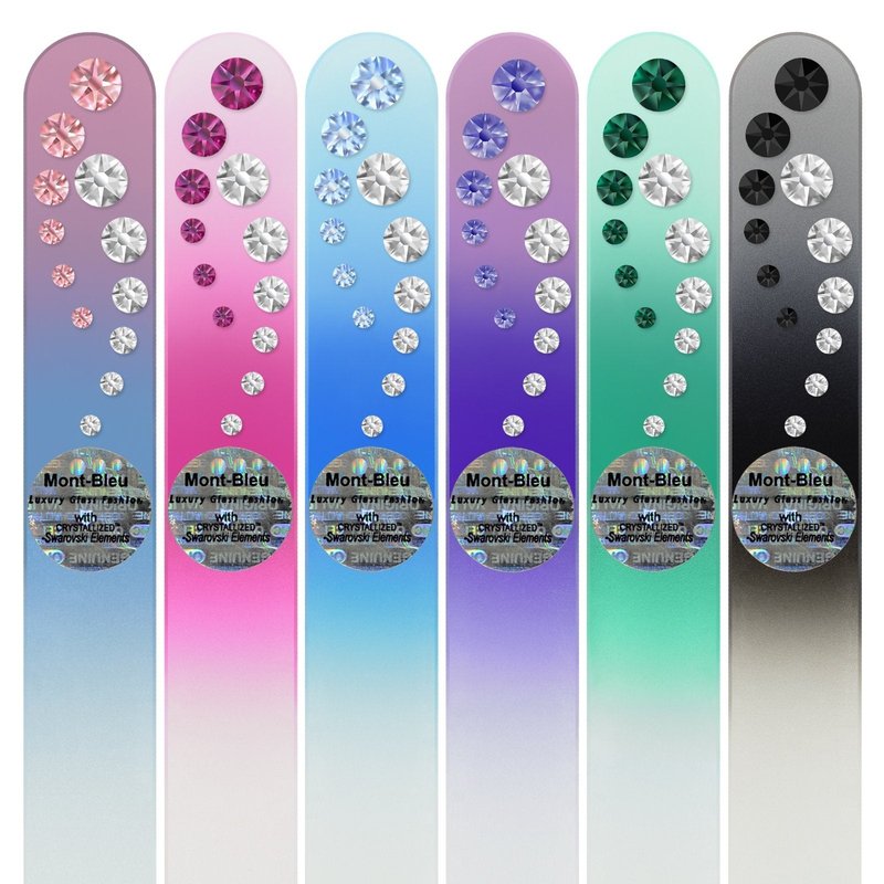 Mont Bleu Gift Set of 5 + 1 Free Glass Nail Files Hand Decorated with Crystals - Gifts for Friends - Czech Tempered Glass - Excellent Nail Filing Tools - Gifts - Crystal Nail File