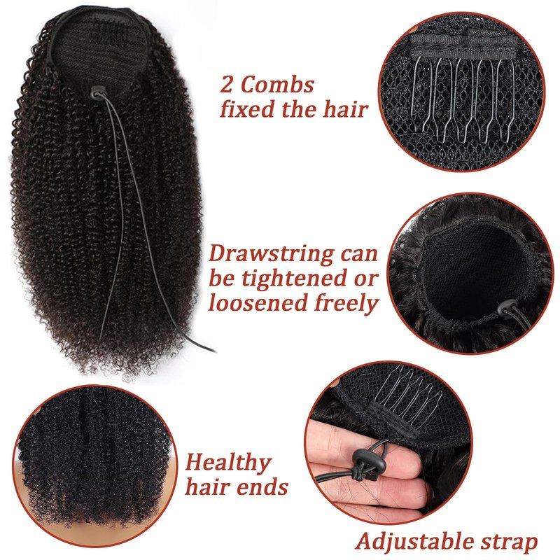 SAKALAKA Ponytail Extension Drawstring Human Hair Clip in Pony Tail Hair Extensions for Black Women Curly Wave Thick Hair Natural Looking Hair Pieces Kinky Curly Human Hair Ponytail（16Inch）