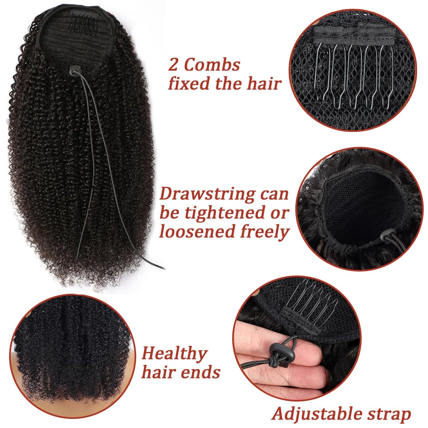SAKALAKA Ponytail Extension Drawstring Human Hair Clip in Pony Tail Hair Extensions for Black Women Curly Wave Thick Hair Natural Looking Hair Pieces Kinky Curly Human Hair Ponytail（16Inch）
