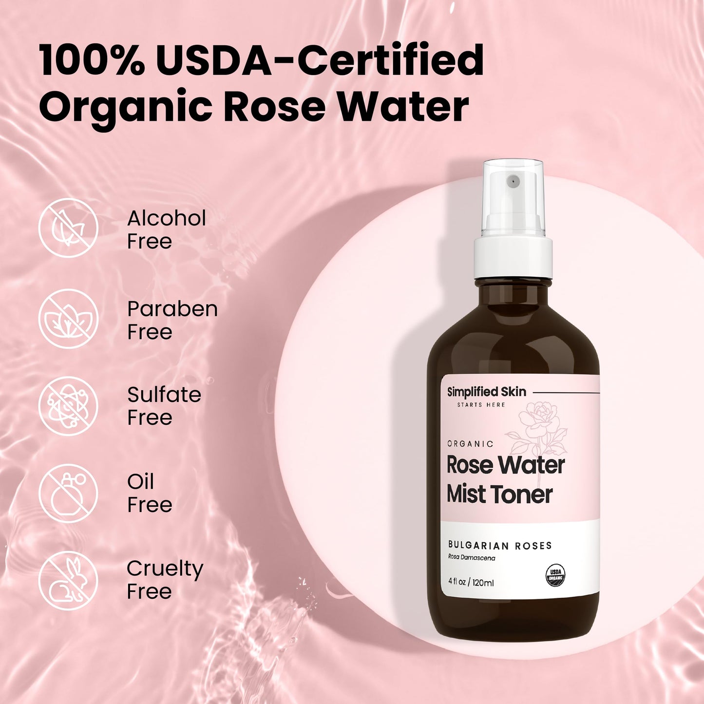 Simplified Skin Rose Water Spray for Face & Hair, Rosewater Mist Toner