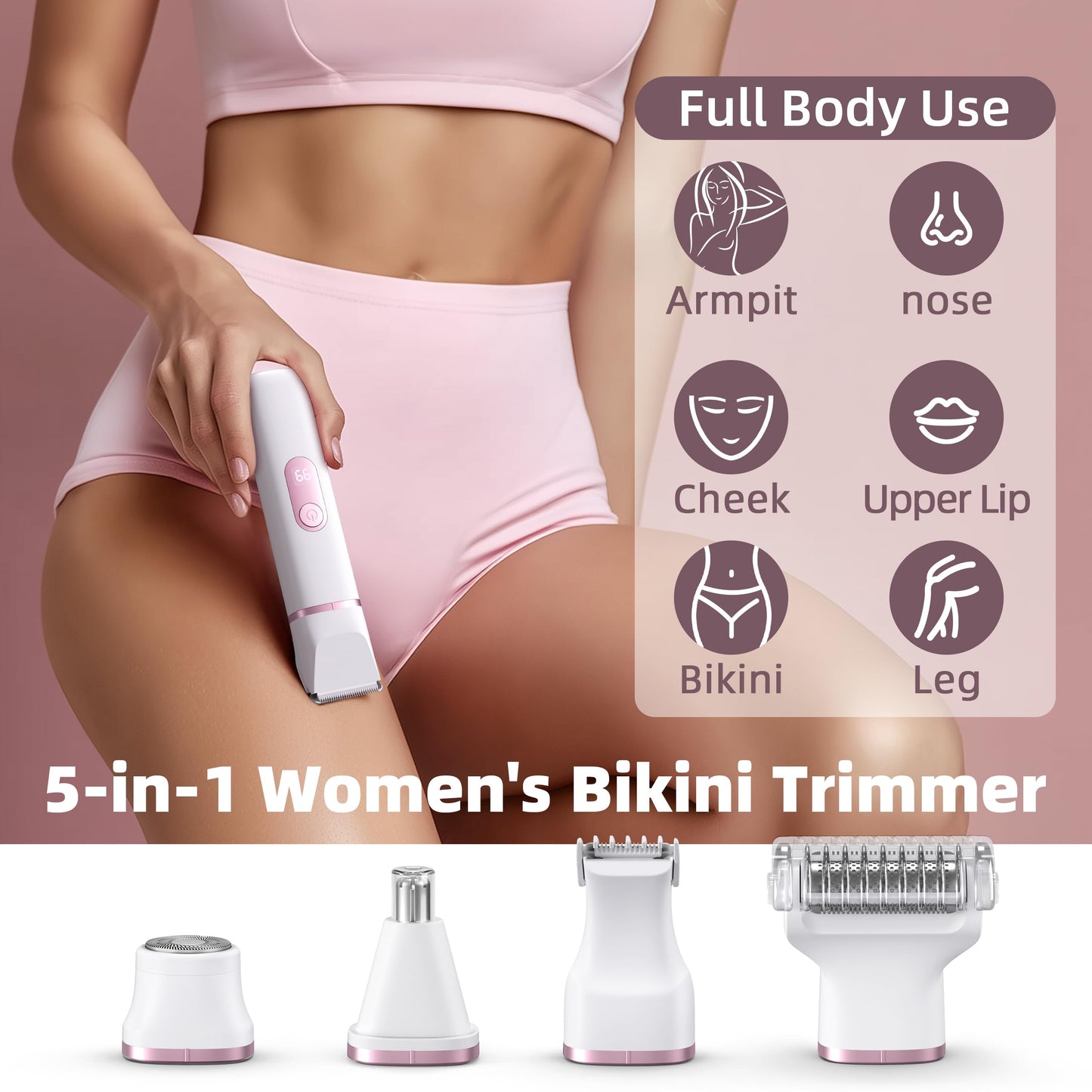 5-in-1 Bikini Trimmer for Women: Mothers Day Gifts, Travel Essentials, IPX7 Waterproof Electric Shaver Razor, Rechargeable Body Hair Removal with LED Display, 5 Replacement Ceramic Blade Heads