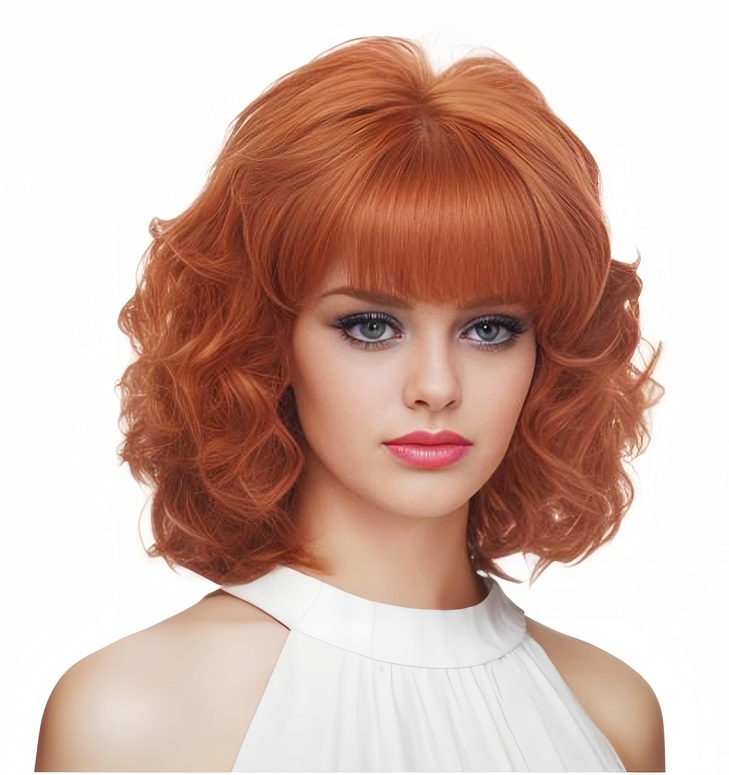Gerulyss Short Copper Red Wigs for Women Auburn Wavy Shoulder Length Wig with Bangs Synthetic Ginger Curly Natural Wig for Role Play,Halloween,Daily Use