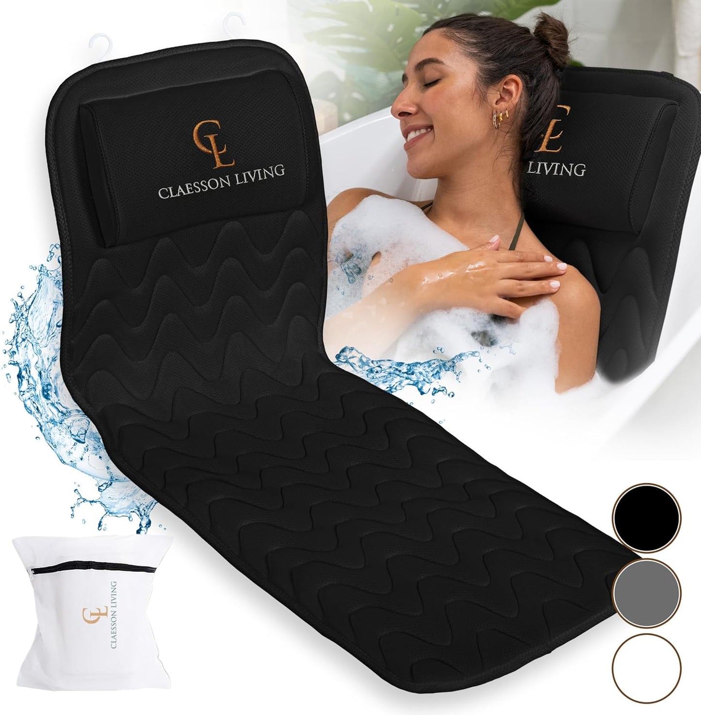 Full Body Bath Pillow - 17'' x 49'' Bathtub Cushion with Headrest for Neck, Back & Legs | Includes Hanging Hooks & Travel Bag - Black