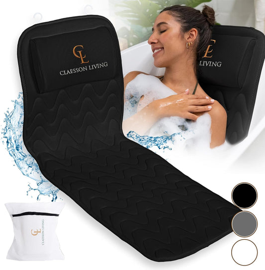 Full Body Bath Pillow - 17'' x 49'' Bathtub Cushion with Headrest for Neck, Back & Legs | Includes Hanging Hooks & Travel Bag - Black