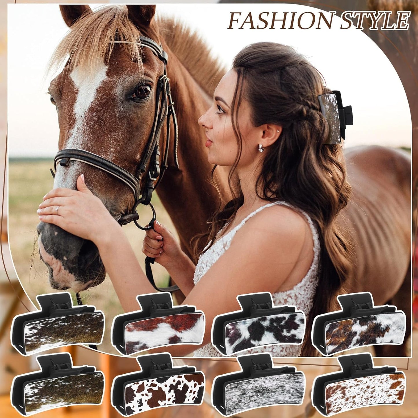 Western Hair Claw Clips - 8 Pcs Cow Print Leather Accessories | Perfect Gift for Girls & Women